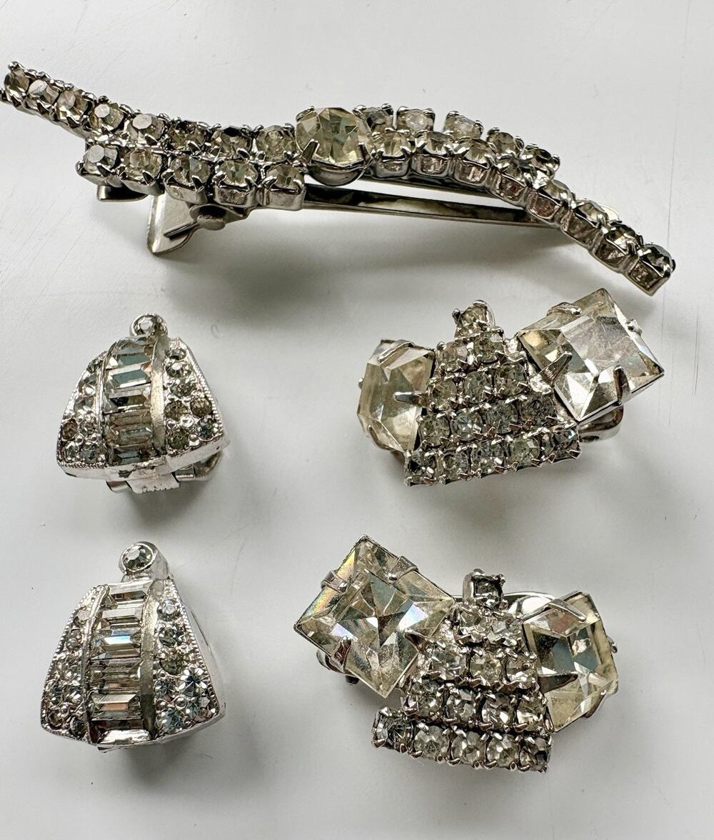 VTG Rhinestone Clip Earrings Lot Deco Mid Century Clear Silver 60's
